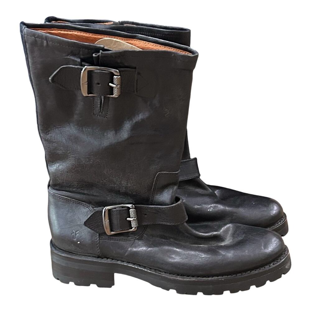 Frye Engineer Moto Boots Womens 7.5 B Black Leather Buckle Biker Lug Sole -